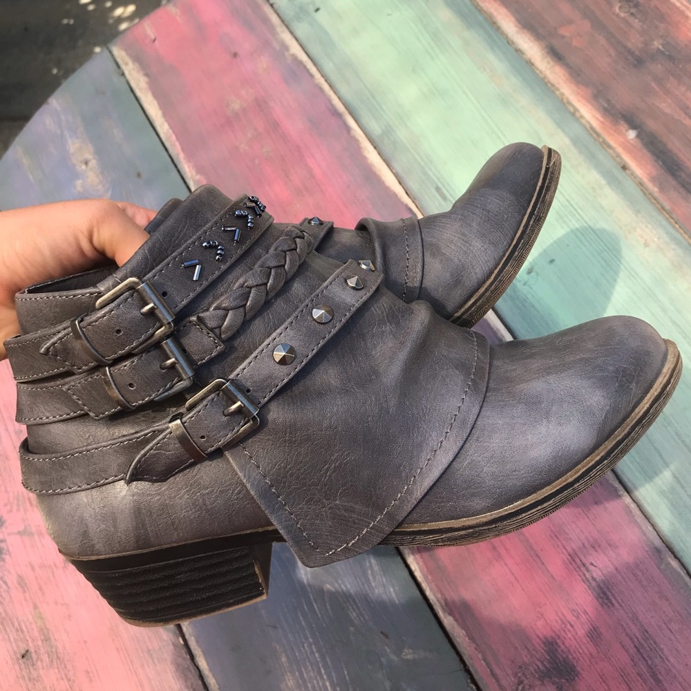 Grey Faux Leather Booties w/ Jeweled Buckles